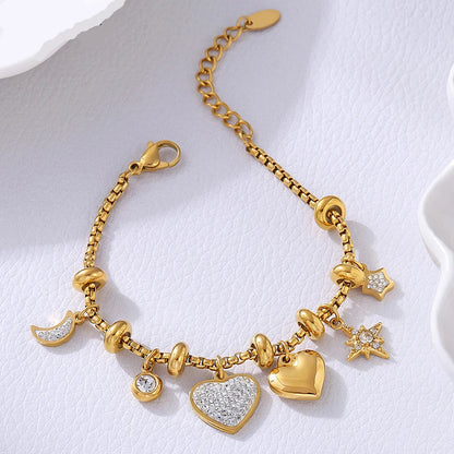 Kawaii 316L Stainless Steel Heart Charm Bracelet 💖✨ - 18k Gold-Plated with Sparkling Zircon Pendants! 🌟💕