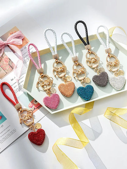 Sweet Heart Diamond Inlay Leather Rope Key Chain For Backpacks 👜💎🎀
