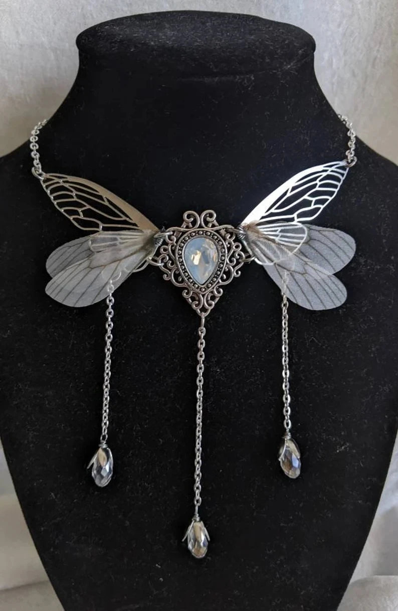Kawaii Enchanted Faerie Queen Necklace ✨🧚‍♀️ with Wing Charm & Crystal Drops 🌸🌟