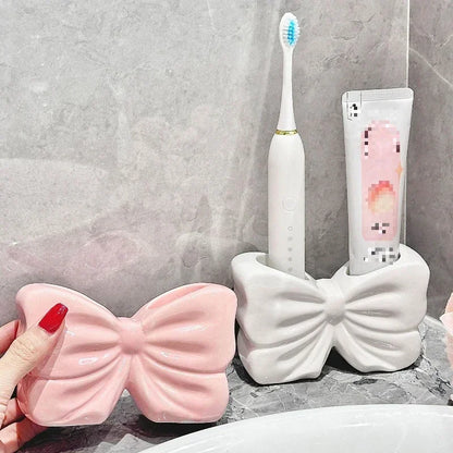 Kawaii Ceramic Bow Toothbrush Holder 🎀✨ | Cute Toothpaste Rack for Adorable Bathrooms 🛁💕
