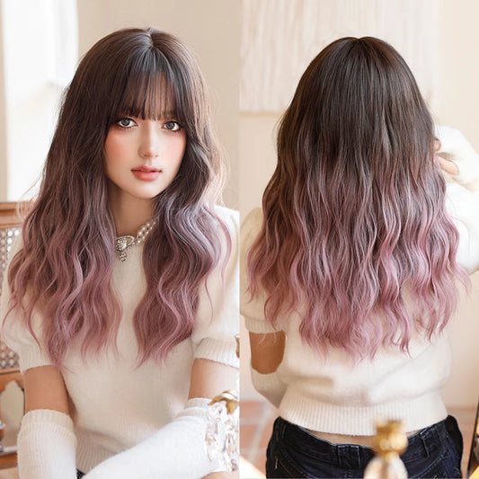 Kawaii Dreamy Sakura Pink Wavy Wig 🌸✨ | High-Density Curly Hair with Bangs for Sweet Girls 💖🎀