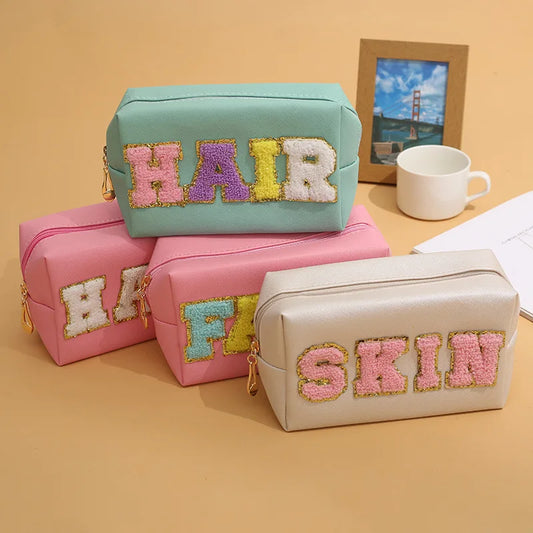 Kawaii Chenille Letter Waterproof Makeup Pouch ✨👜 Cute PU Leather Toiletry Bag for Travel 🌈💖