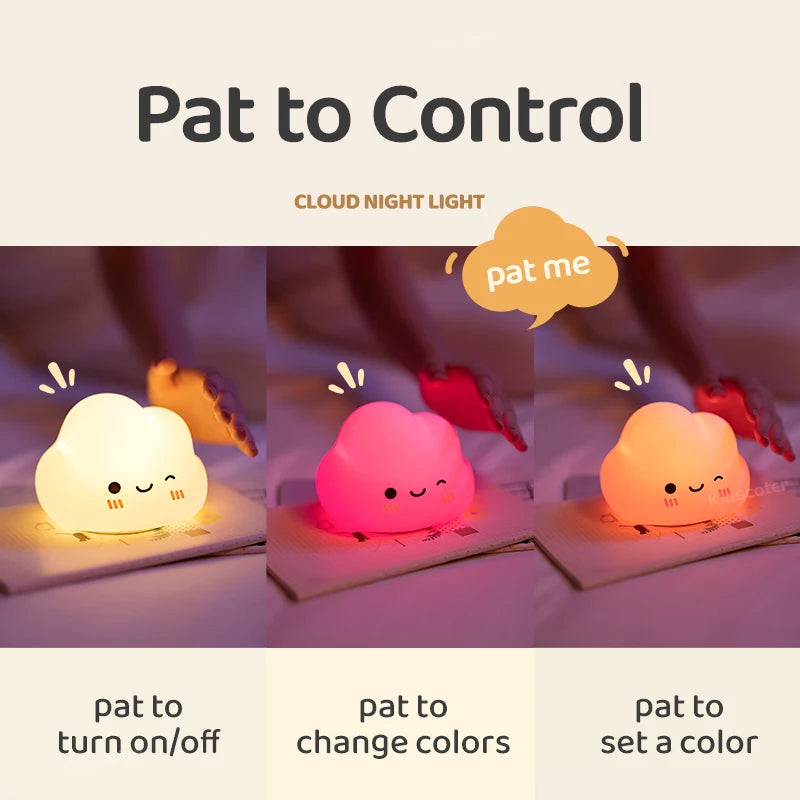 🌈 Kawaii Cloud Silicone Night Light ☁️ - Touch-Activated Lamp for Kids' Rooms 🎉 - Adorable Ambient Glow & Cartoon Decor ✨ - Perfect Holiday Gift! 🎁