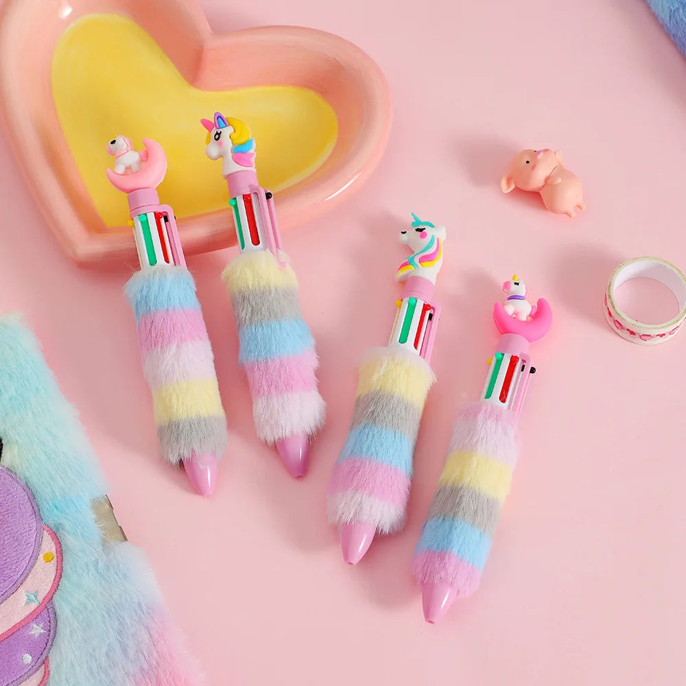 Kawaii Unicorn Plush Gel Pens Set 🎨✨ | 6 Colorful Rainbow Ballpoint Pens for Kids 🌈 | Adorable Handwriting Tools for School & Fun! 🦄💖