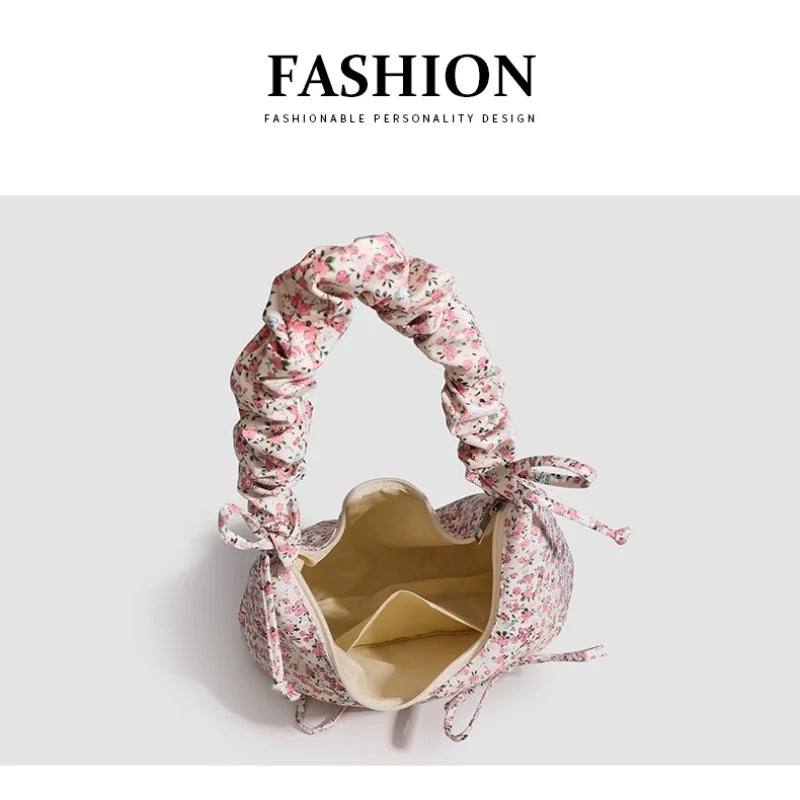 Kawaii Floral Canvas Rouched Handbag with Bow Decoration🌸✨