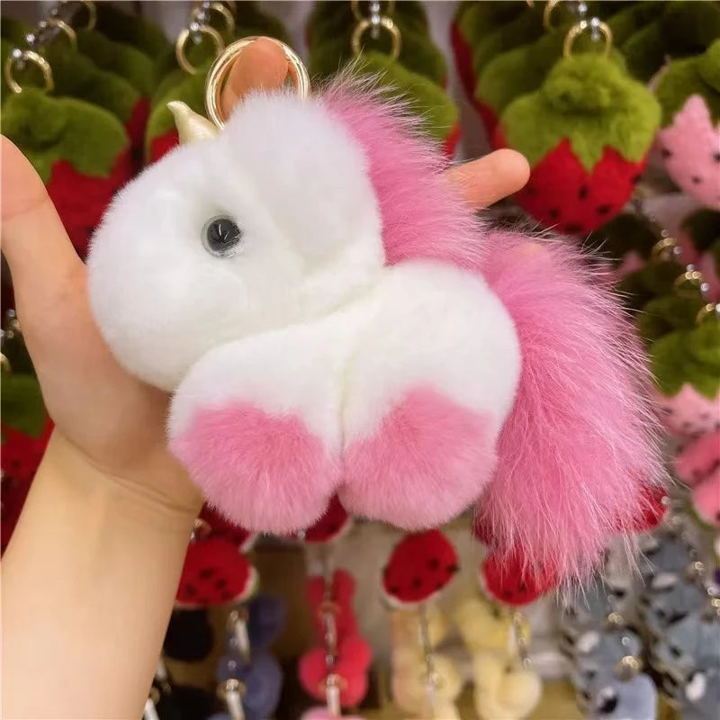 Kawaii Fluffy Unicorn Keychain Charm 🦄✨ Real Rabbit Fur Backpack Clip & Handbag Accessory for Girls & Women