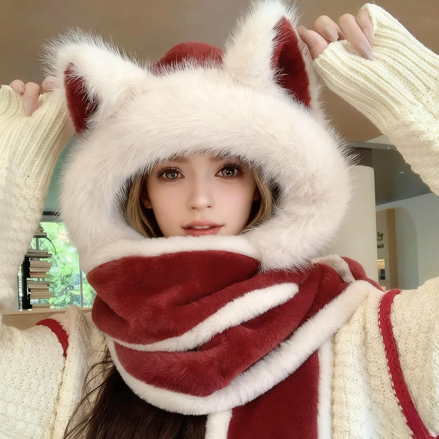 Plush Wolf Ear Hat Set With Scarf And Gloves For Winter Warmth 🐺🧣🧤❄️