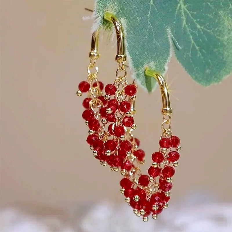 Red Crystal Beaded Tassel Earrings for Women, Elegant Luxury Jewelry ✨💖