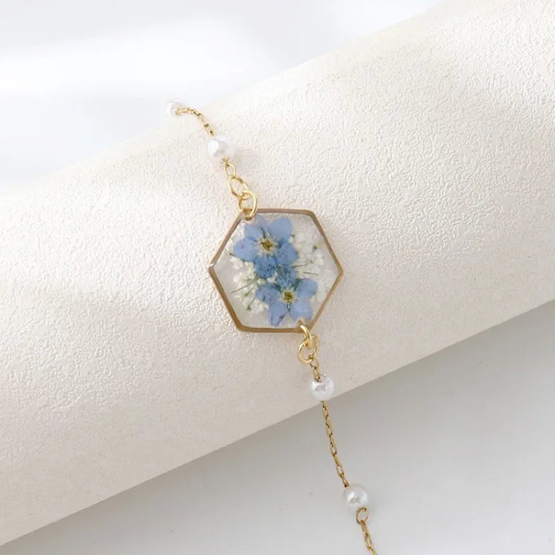 Unique Epoxy Resin Blue Flower Bracelets Elegant Pressed Flower Pendant Adjustable Chain Bracelets Wholesale Cute Charm Bracelet