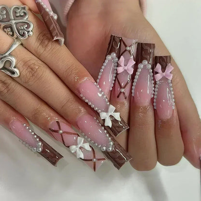 Kawaii Love Pattern Coffin Nails 🎀✨ | 24Pcs Brown French Full Cover Press-On Tips 💅💕