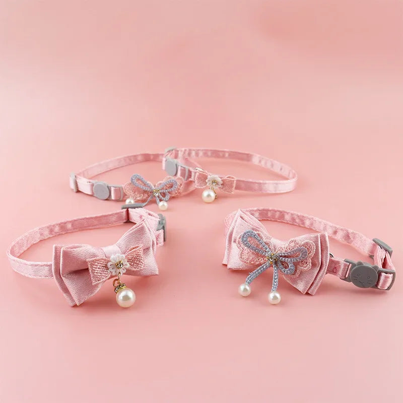 ✨ Cute Pink Lace Bow & Bead Cat Choker with Bell 🐾 Perfect Pet Accessory! 💖