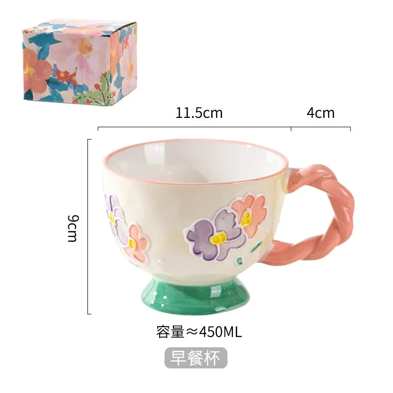 Charming Kawaii 450ml Hand-Painted Ceramic Mug ☕️✨ Cute Breakfast Oatmeal Cup for Joyful Mornings! 🎉