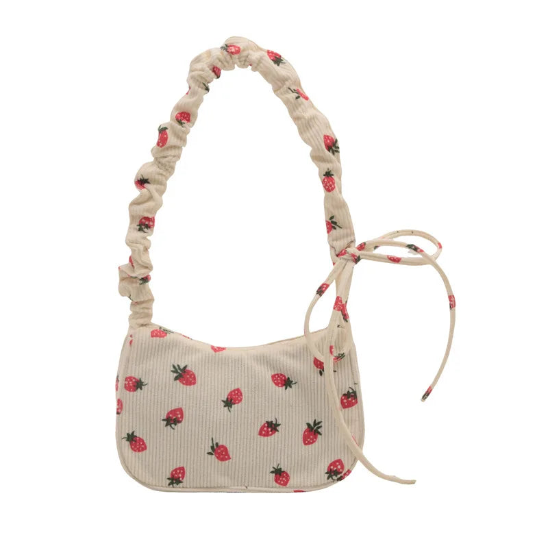 🍓 Adorable Mini Half Moon Strawberry Tote 🌼 Corduroy Shoulder Bag for Fun Outings! 👜 - Pixie Quill