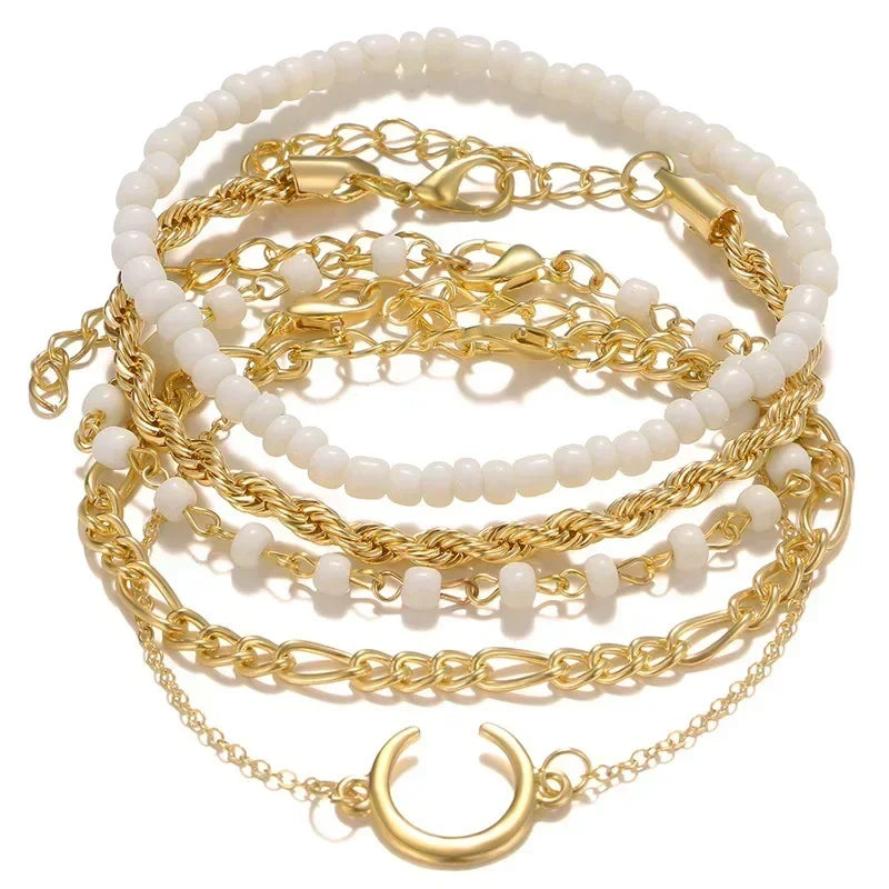 Whimsical Boho Star & Daisy Pearl Charm Bracelet Set 🌼✨ - Adjustable Eight-Piece Bangle for Fashionistas!