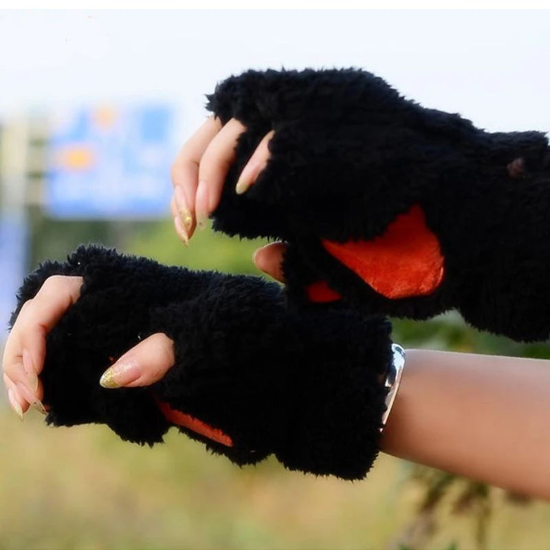 Kawaii Cat Paw Half Finger Gloves 🐾❄️ Cozy & Cute Fluffy Design!