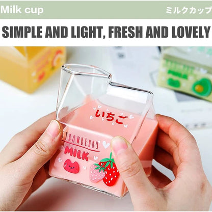 Kawaii Milk Carton Glass Cup 🥛✨ - 380ml Cute Strawberry & Peach Design for Breakfast Fun! 🍑🍓