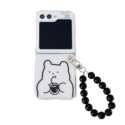 ✨ Adorable Bear Pearl Bracelet Case for Samsung Galaxy Z Flip 5, 4, 3 - Cute Cartoon Clear Cover! 🐻💖
