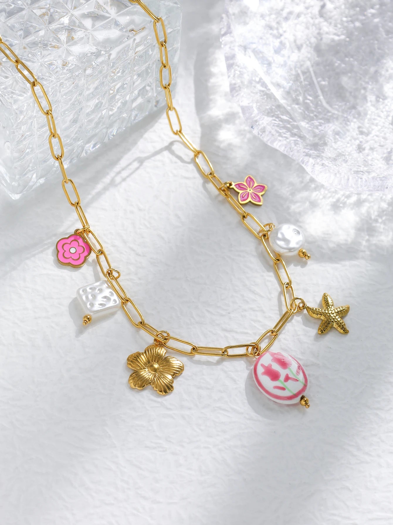 Bohemian Ceramic Tulip Pearl Oil Drop Starfish Pendant Necklace For Women Cute Jewelry Gift 🌷🐚✨