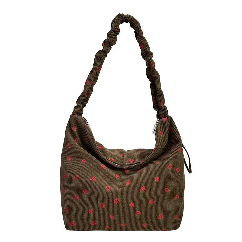 Cute Strawberry Print Corduroy Bucket Bag 🍓✨ | Stylish Pleated Crossbody Messenger Handbag for Women 💖