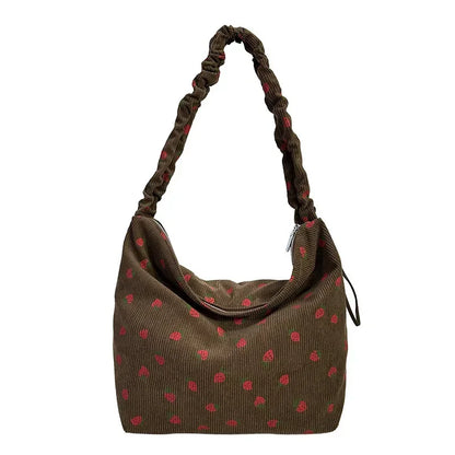 Cute Strawberry Print Corduroy Bucket Bag 🍓✨ | Stylish Pleated Crossbody Messenger Handbag for Women 💖