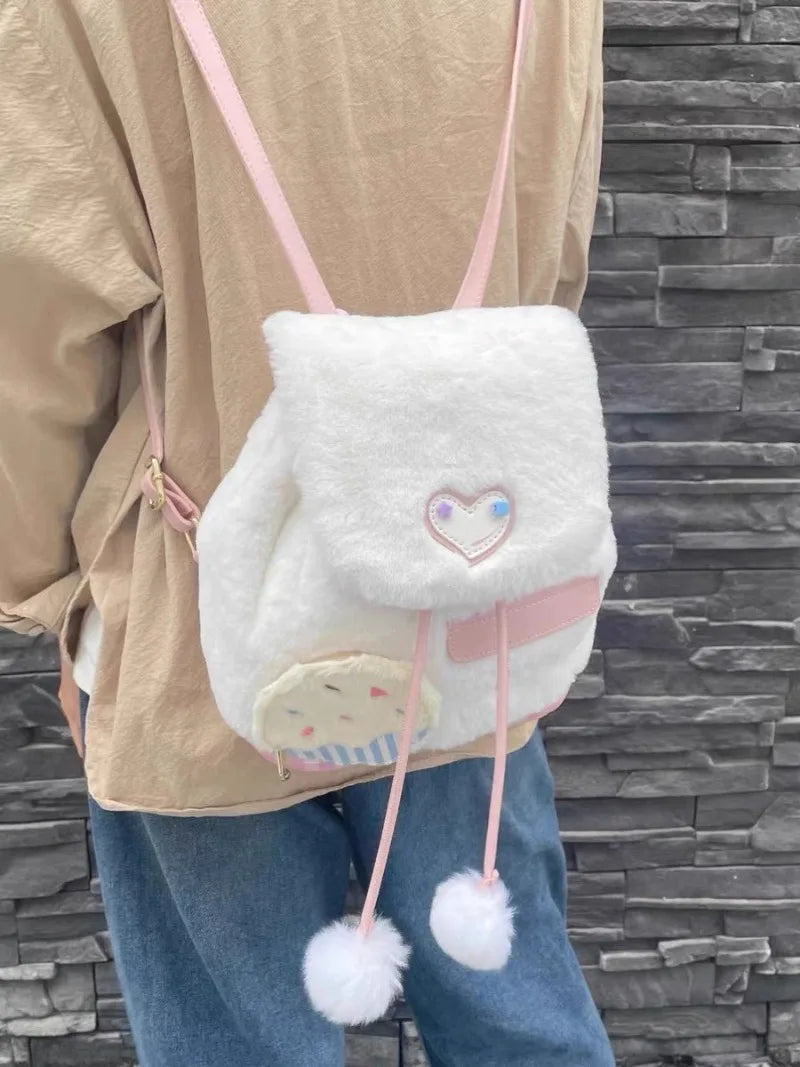 Kawaii Plush Heart Plaid Backpack 🎒✨ Cute Mochila for Students & Commuters 💖 All-match Women's School Bag!