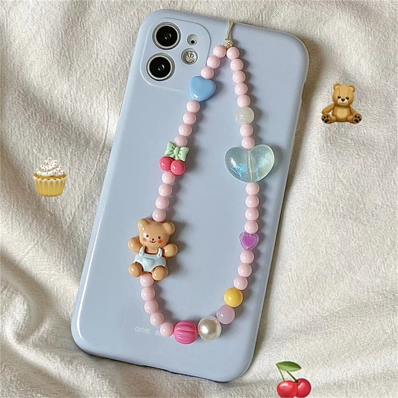 Korean 3D Bear Cherry Heart Beaded Phone Chain Lanyard For All Phones 🧸🍒💖📱