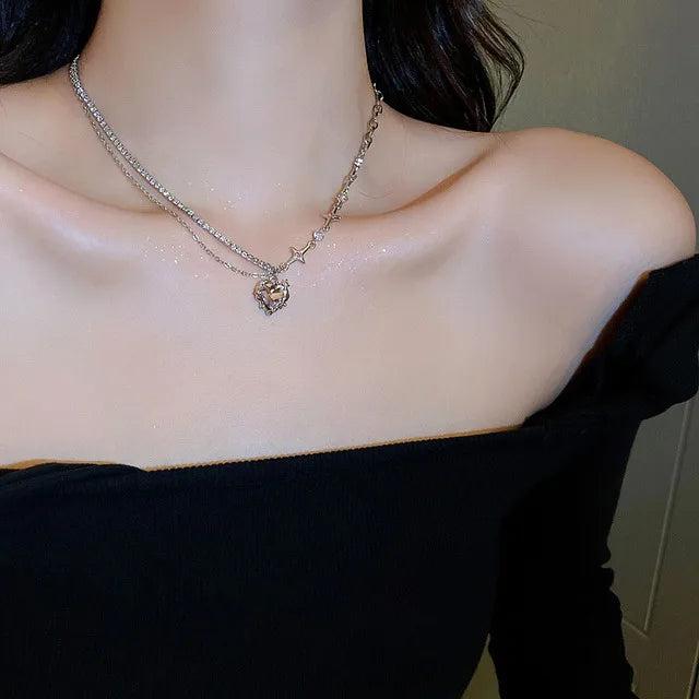 ✨ Kawaii Starry Zircon Pendant Necklace 🌟 | Cute Beaded Chain for Y2K Girls | Trendy Hip Hop Aesthetic Jewelry 🎀 | Perfect Gift for Moms & Besties! 💖