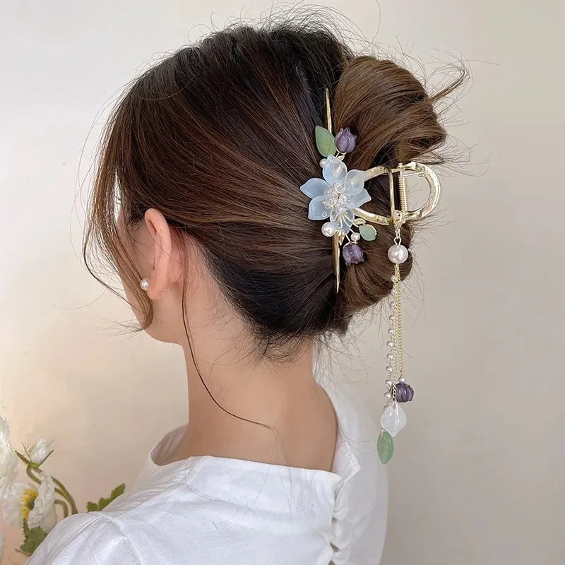 Kawaii Orchid Flower Pearl Tassel Hair Clip 🌸✨ | Adorable Ponytail Grabber for Girls | Trendy Fashion Hair Accessory!