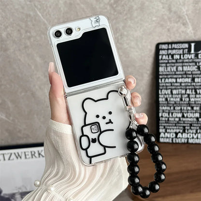 ✨ Adorable Bear Pearl Bracelet Case for Samsung Galaxy Z Flip 5, 4, 3 - Cute Cartoon Clear Cover! 🐻💖