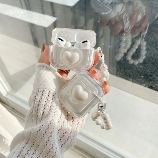 💕 Adorable Heart Case for AirPods 🎧✨ with Charming Pearl Keychain 🌟 - Pixie Quill