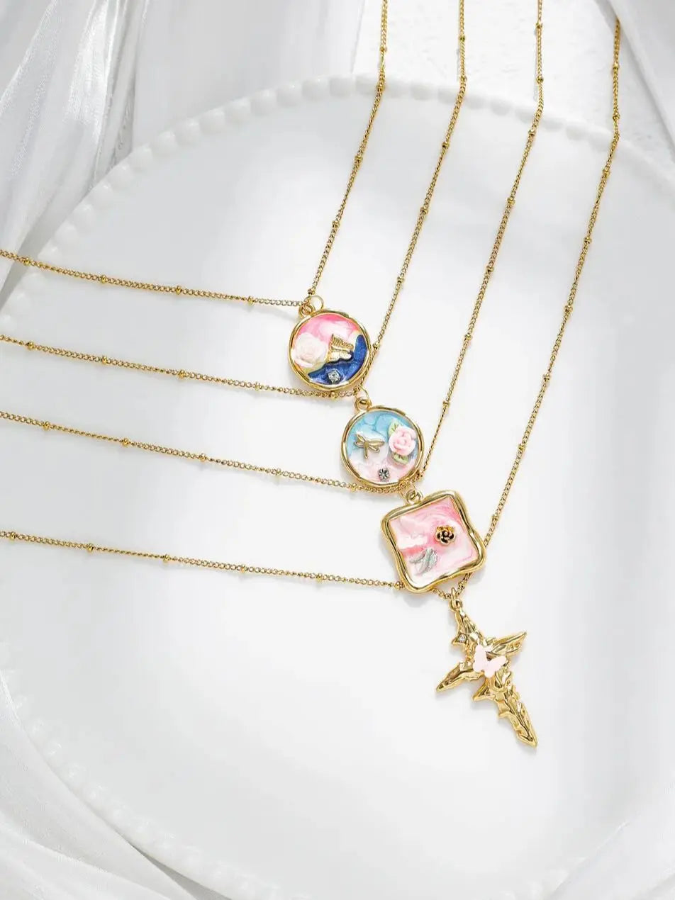 Women's Stainless Steel Gold Necklace With Pearl Zircon Flower Pendant Dripping Enamel Art Jewelry 💖🌸