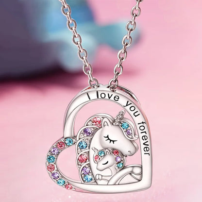 Kawaii Unicorn Heart Pendant Necklace 🌈✨ | Adorable Mother & Child Charm Jewelry for Girls 💖🎁