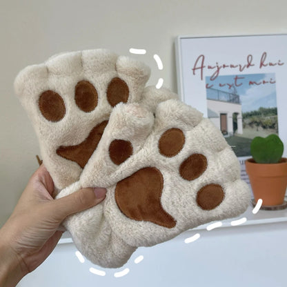 Fluffy Cat Paw Gloves Plush Mittens For Women Warm Half Finger Cozy Bear 🐱🐻