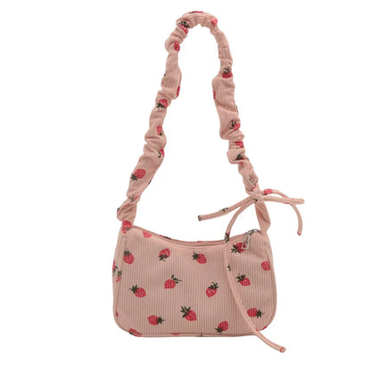 🍓 Adorable Mini Half Moon Strawberry Tote 🌼 Corduroy Shoulder Bag for Fun Outings! 👜 - Pixie Quill