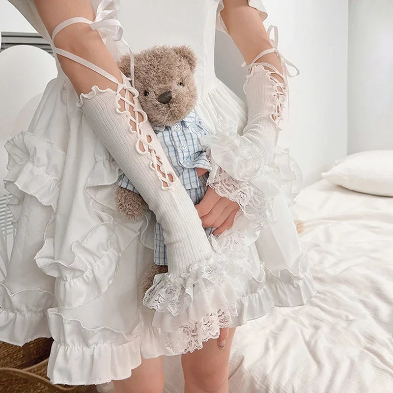 Pastel Y2K Lolita Lace Arm Warmers Fingerless Gloves Elbow Length Style 😊✨