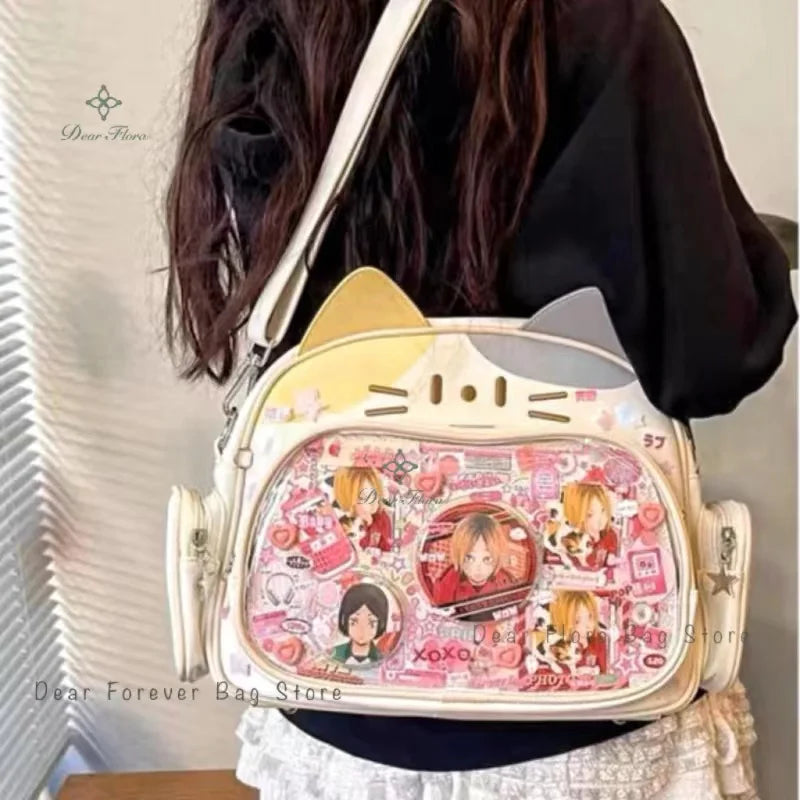 🌟 Adorable Y2K Cat Ita Bag 🐾 Cute PU Crossbody with Transparent Pocket! 👜 Perfect for Girls! 🌈 - Pixie Quill