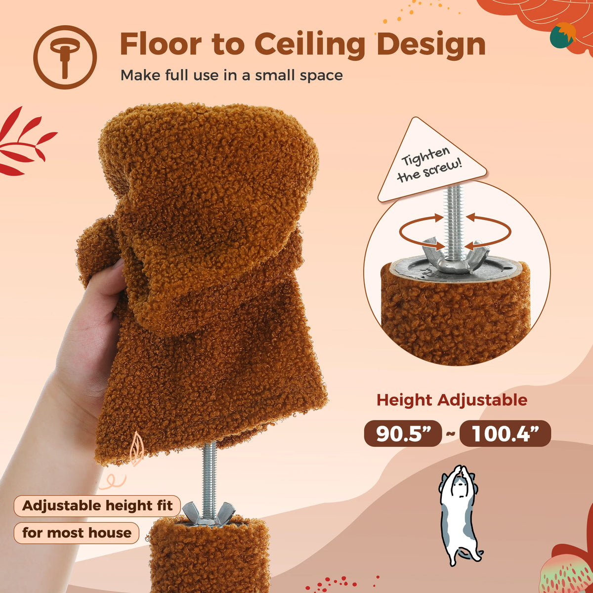 Floor To Ceiling Cat Tower With Adjustable Height, Condo, Hammock And Scratching Post 🐾 Brown Cozy Play Haven