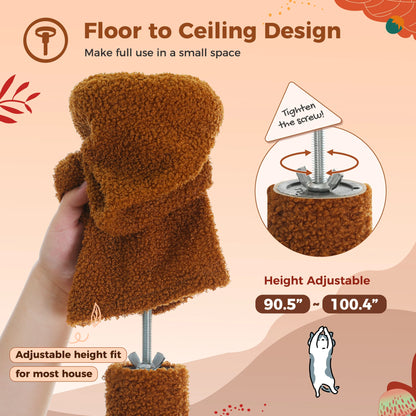 Floor To Ceiling Cat Tower With Adjustable Height, Condo, Hammock And Scratching Post 🐾 Brown Cozy Play Haven