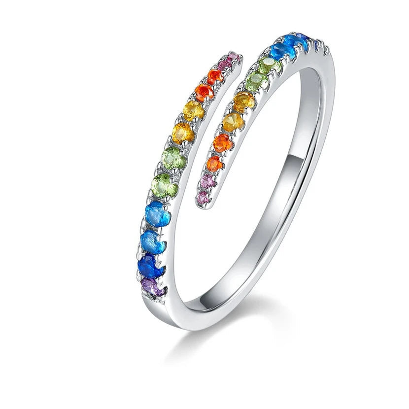 Kawaii Rainbow CZ Adjustable Ring 🌈✨ | Cute 925 Sterling Silver Wedding Band for Women 💍💖