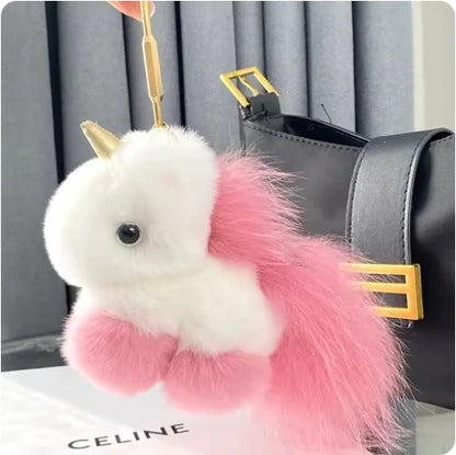Kawaii Fluffy Unicorn Keychain Charm 🦄✨ Real Rabbit Fur Backpack Clip & Handbag Accessory for Girls & Women