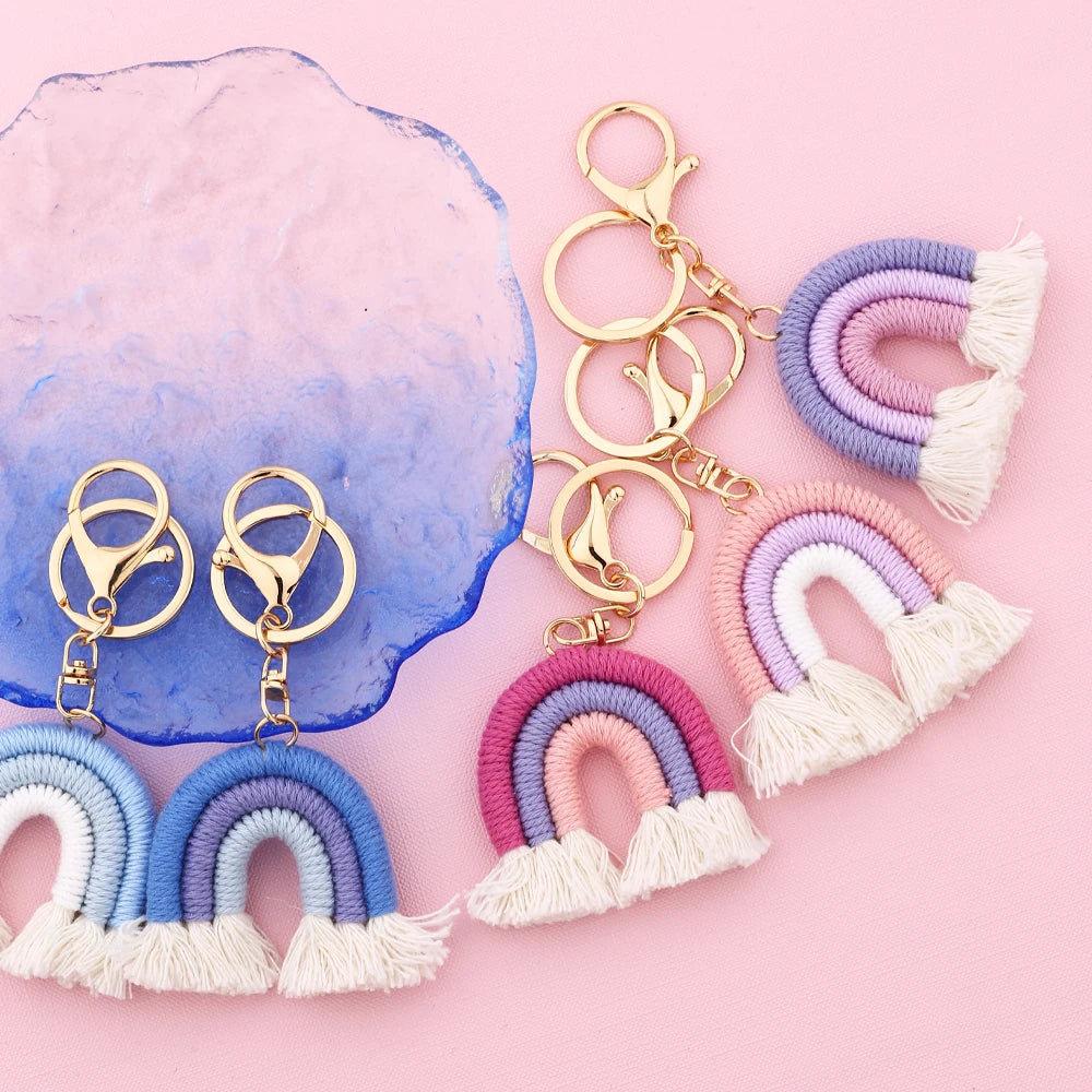 Kawaii 5cm Rainbow Tassel Keychains 🌈✨ | Cute Macrame Car Keyring & Bag Charm for Women 💖💼