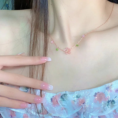 Kawaii Pink Cherry Blossom Crystal Pendant Necklace 🌸✨ | Sweet Flower Charm for Women’s Weddings & Parties 🎉💖