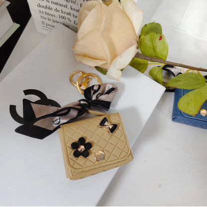 Korean Floral Bow Earphone Storage Keychain Bag Charm Leather Coin Purse 💖👜
