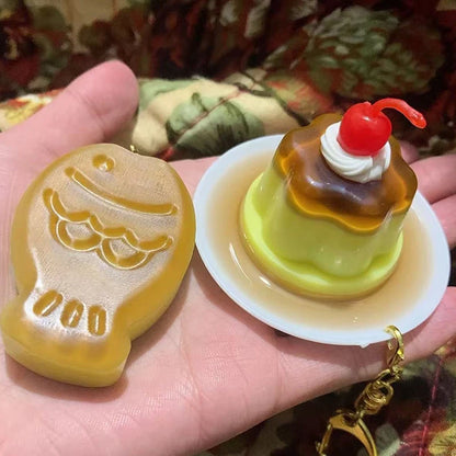 Sweet Pudding Keychain Pendant With Cherry and Tiny Fish Charm 🍒🐟