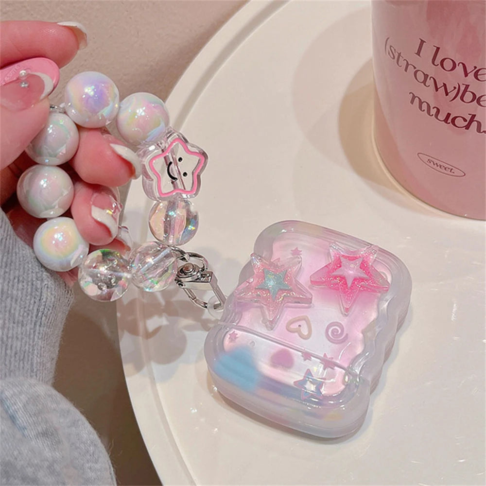 Korean Cute 3D Pink Star Wavy Border Headphones Case For AirPods 1 2 3 With Love Heart Bead Pendant Soft Cover For AirPods Pro 2 - Pixie Quill