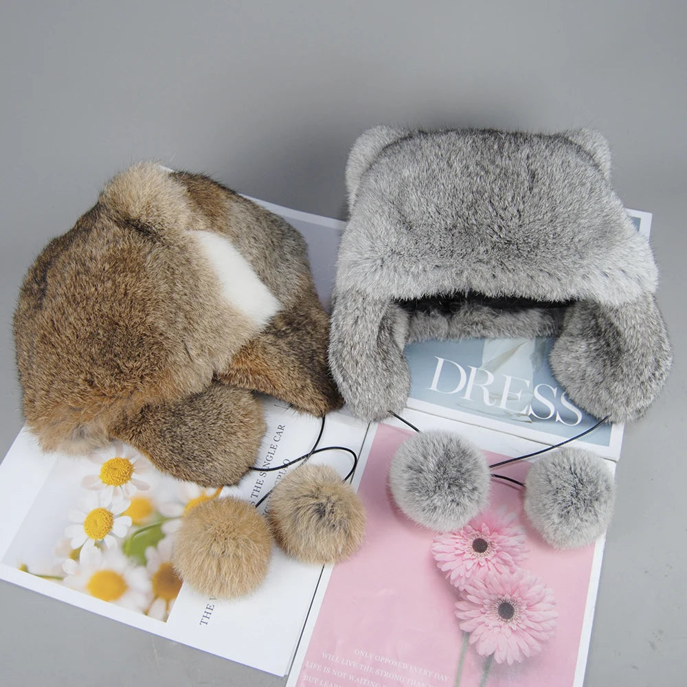 Lux Real Rabbit Fur Bomber Hat for Women with Pom Pom Warm Winter Cap ❄️🐰