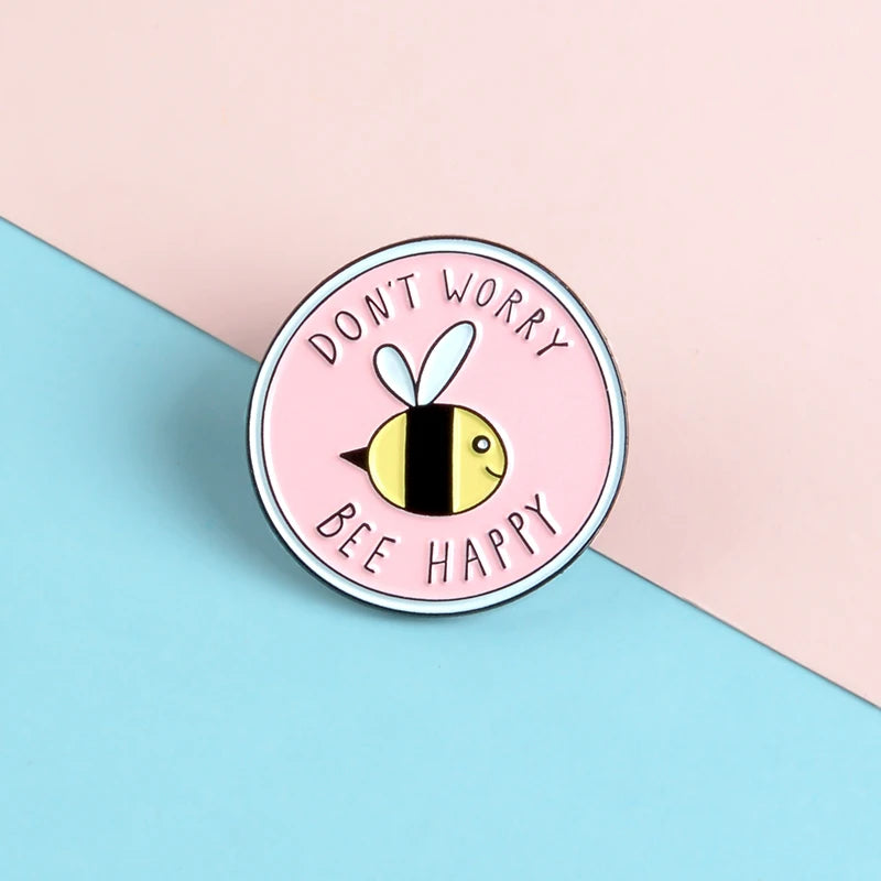 Bee Happy' Brooches Pink Cute Insect Bee Lapel Enamel pins Brooches Badges Clothes Bags pin Gift for Kids Cartoon 'Don't Worry