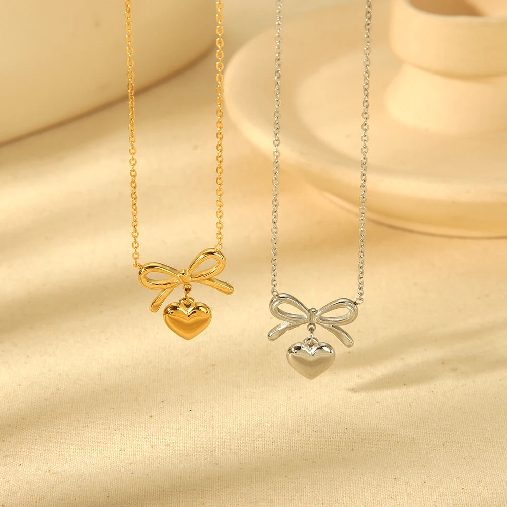 Kawaii Bow Heart Pendant Necklace 💖✨ | Dainty 18K Gold Plated Stainless Steel Jewelry for Women 🌟🎀