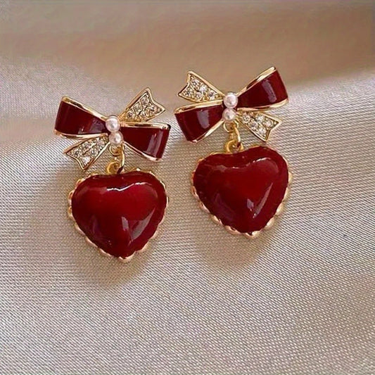 Adorable Kawaii Red Bow & Heart Dangle Earrings ❤️🎀 | Cute Party Jewelry Gift for Women & Girls ✨