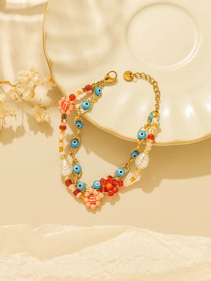 Stainless Steel Evil Eye Pearl Double Layer Bracelet For Women Enamel Rice Beads Jewelry With Lucky Turkish Charm 🧿✨💎